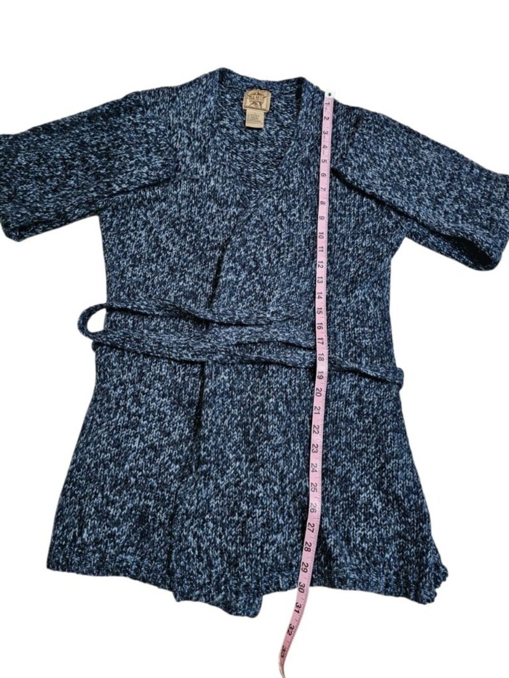 A.M.I. Women Large Cardigan Blue Grey Marled Knit Wrap Belted Essential Timeless - Picture 6 of 6